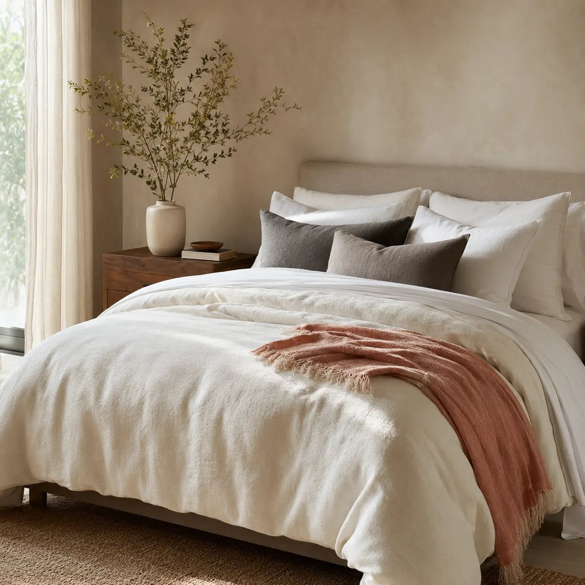 Editorial bedroom with layered ivory bedding and muted coral throw