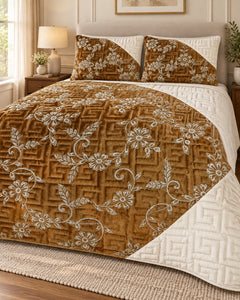 Bronze and ivory embroidered China velvet 3-piece bedspread set — Lifestyle hero