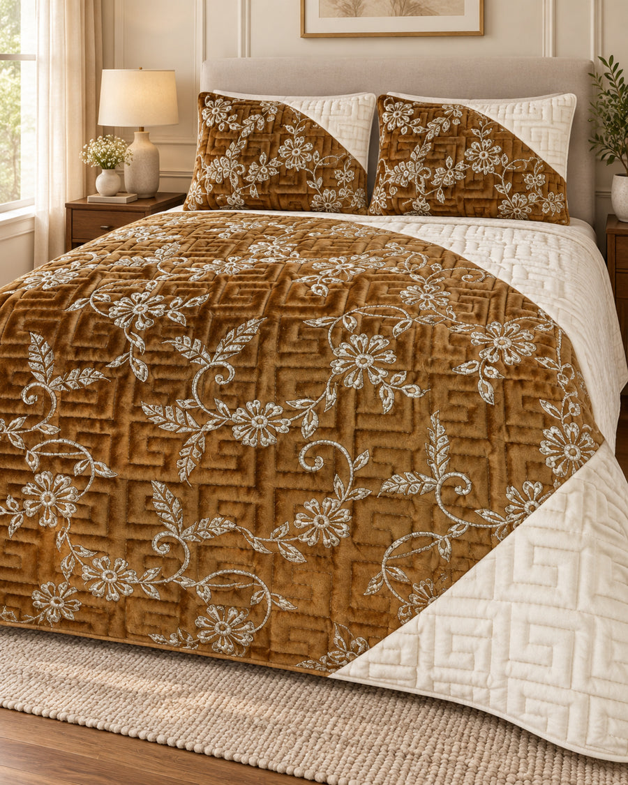 Bronze and ivory embroidered China velvet 3-piece bedspread set — Lifestyle hero