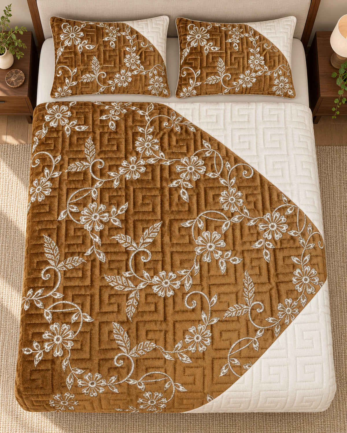 Bronze and ivory embroidered China velvet 3-piece bedspread set — Overhead view