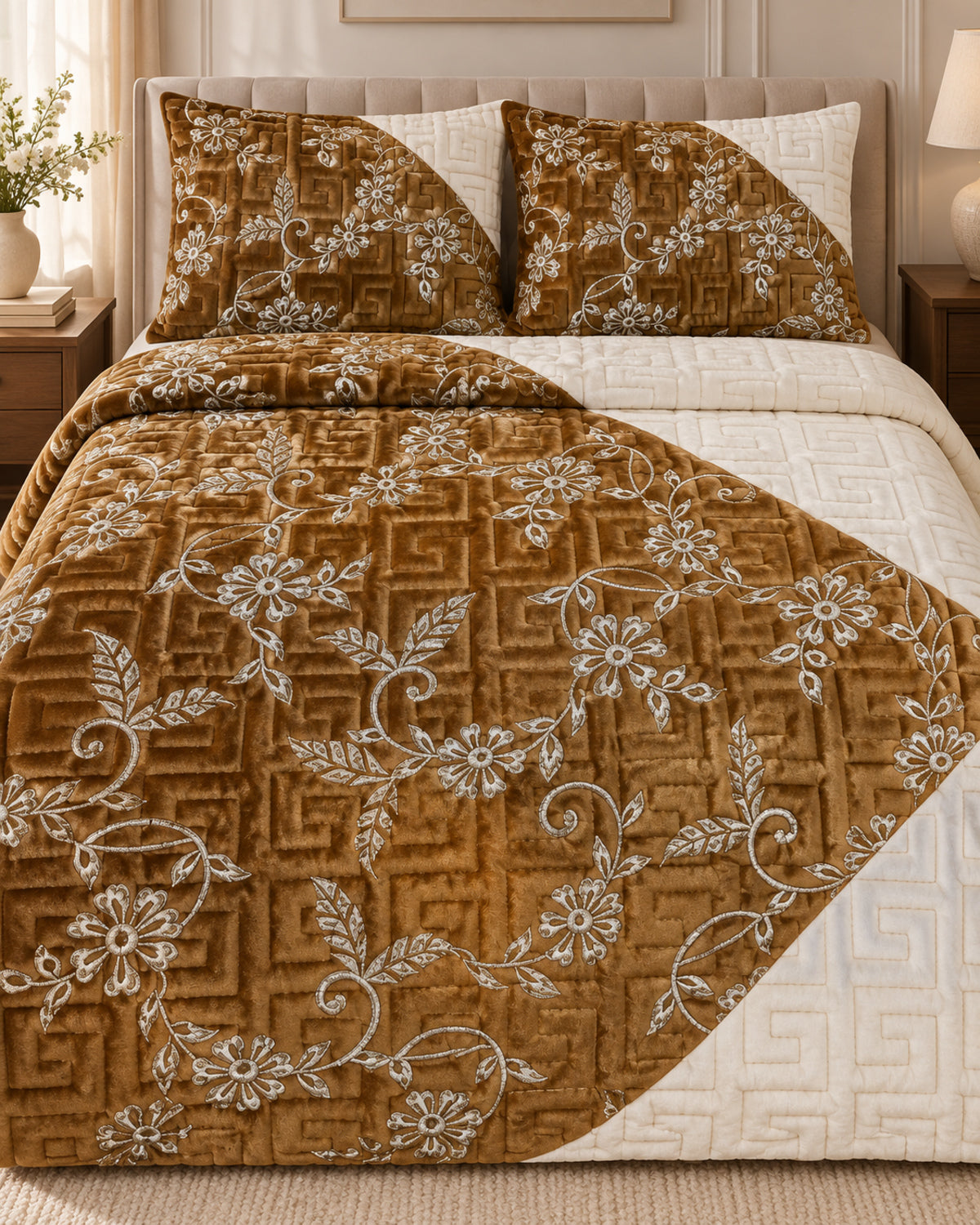 Bronze and ivory embroidered China velvet 3-piece bedspread set — Folded set