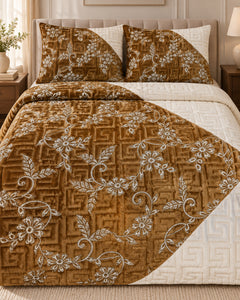 Bronze and ivory embroidered China velvet 3-piece bedspread set — Folded set