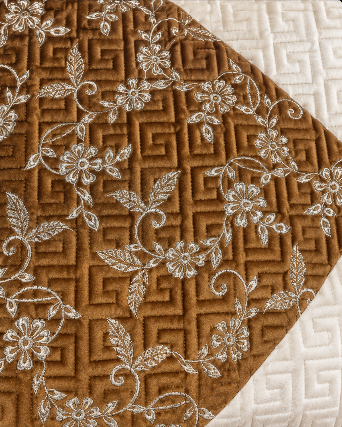 Bronze and ivory embroidered China velvet 3-piece bedspread set — Fabric detail