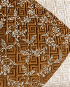 Bronze and ivory embroidered China velvet 3-piece bedspread set — Fabric detail