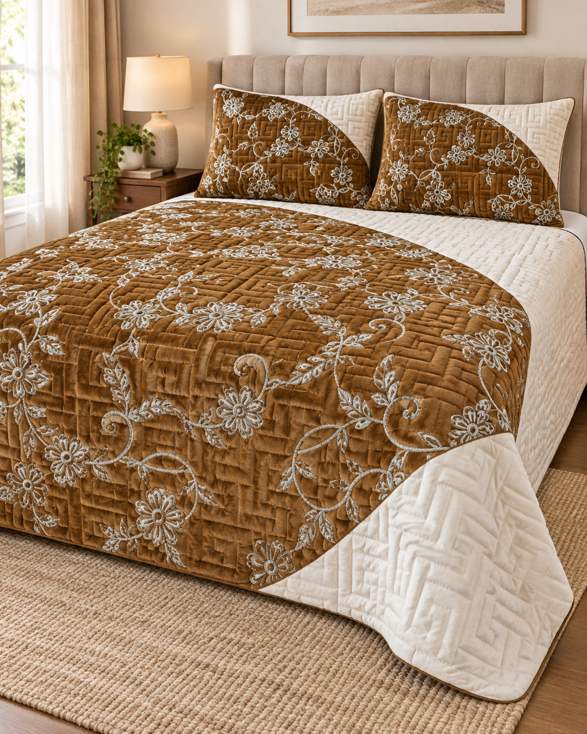 Bronze and ivory embroidered China velvet 3-piece bedspread set — Side-angle lifestyle