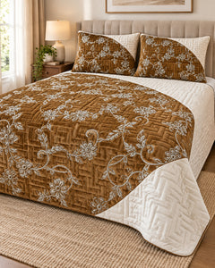 Bronze and ivory embroidered China velvet 3-piece bedspread set — Side-angle lifestyle