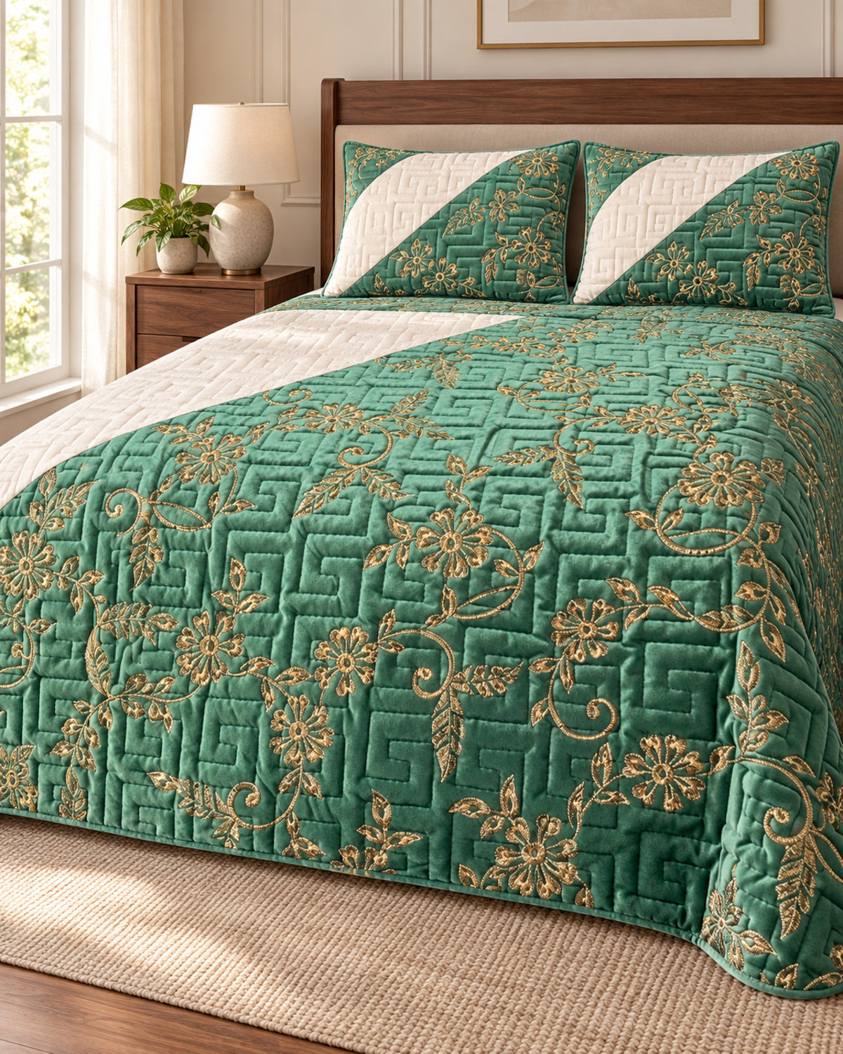 Emerald mint and ivory embroidered China velvet 3-piece bedspread set — Lifestyle hero