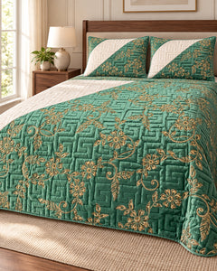 Emerald mint and ivory embroidered China velvet 3-piece bedspread set — Lifestyle hero