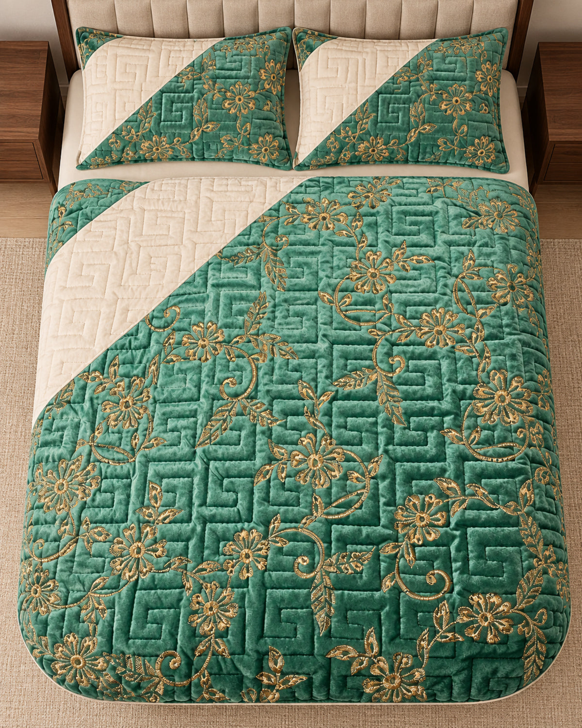 Emerald mint and ivory embroidered China velvet 3-piece bedspread set — Overhead view