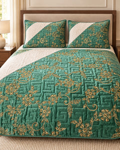 Emerald mint and ivory embroidered China velvet 3-piece bedspread set — Folded set