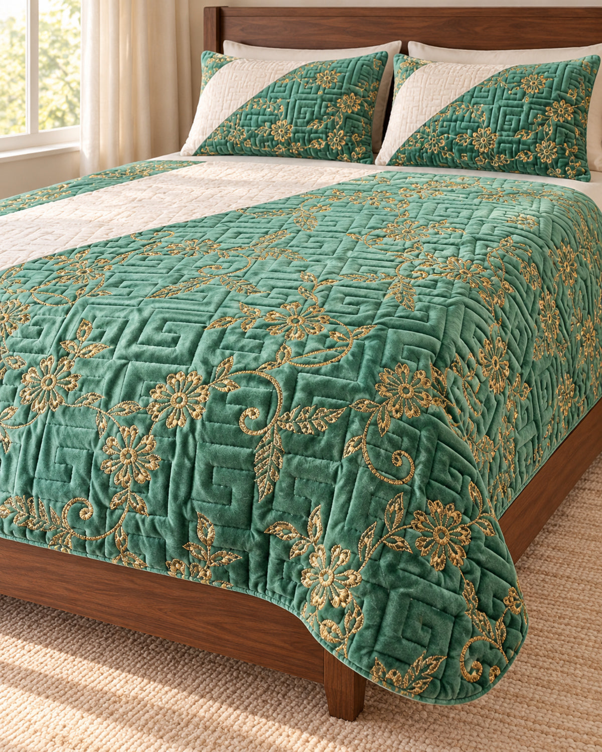 Emerald mint and ivory embroidered China velvet 3-piece bedspread set — Fabric detail