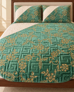 Emerald mint and ivory embroidered China velvet 3-piece bedspread set — Side-angle lifestyle