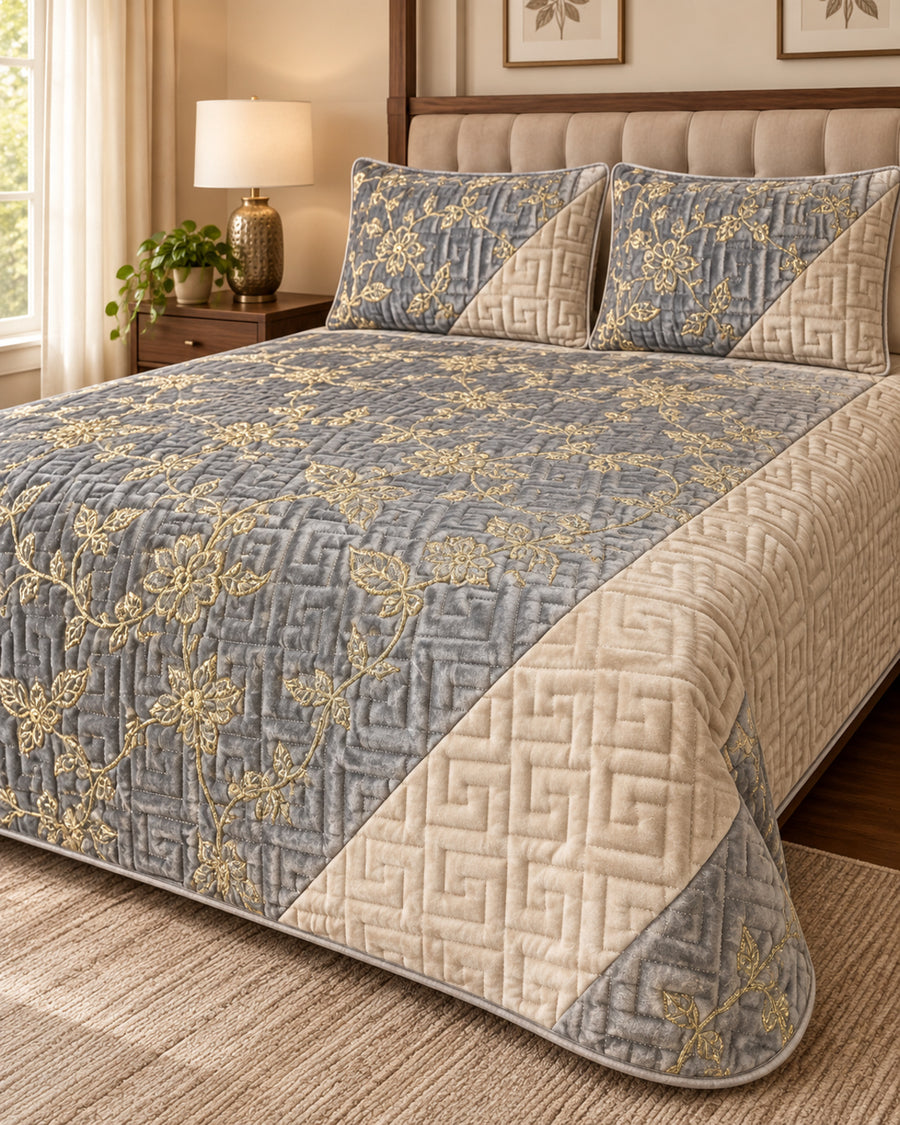 Pewter grey and champagne embroidered China velvet 3-piece bedspread set — Lifestyle hero