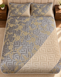 Pewter grey and champagne embroidered China velvet 3-piece bedspread set — Overhead view
