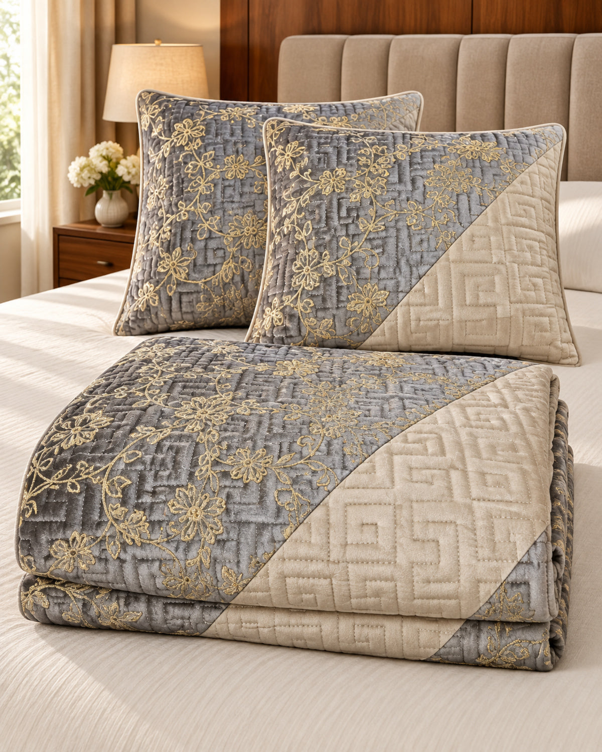 Pewter grey and champagne embroidered China velvet 3-piece bedspread set — Folded set