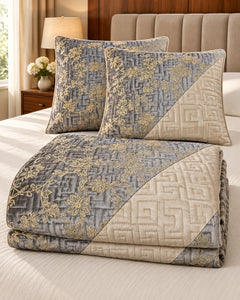 Pewter grey and champagne embroidered China velvet 3-piece bedspread set — Folded set