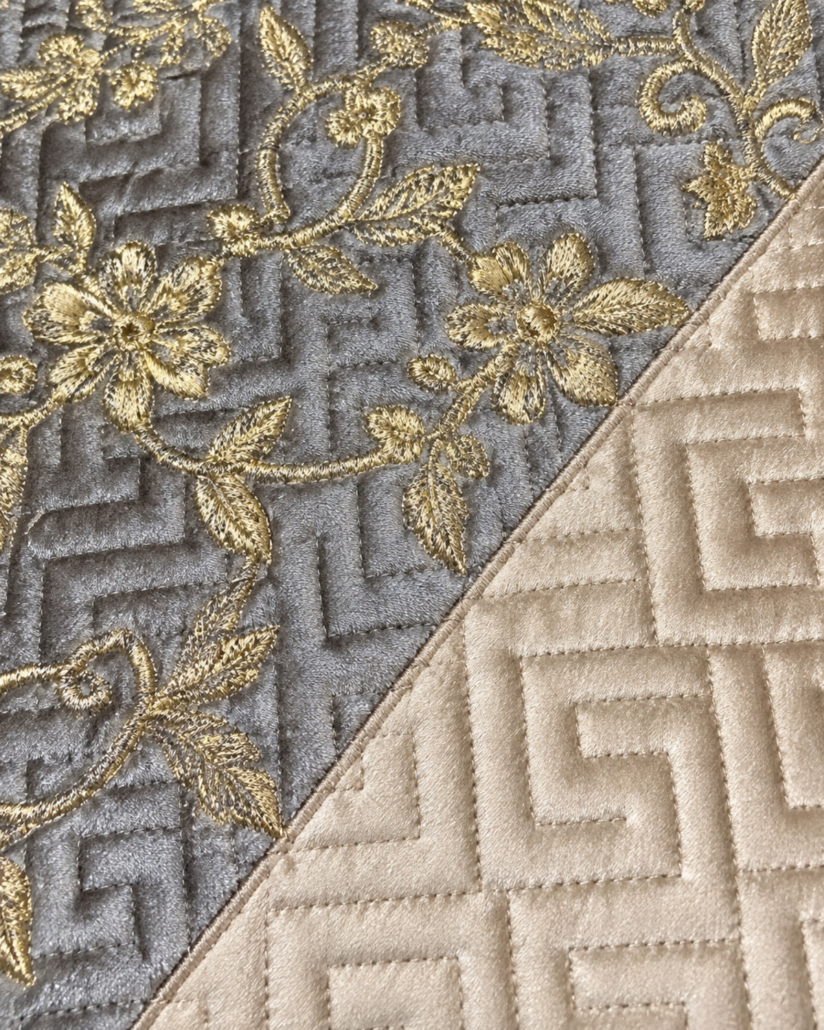 Pewter grey and champagne embroidered China velvet 3-piece bedspread set — Fabric detail