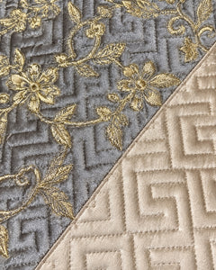 Pewter grey and champagne embroidered China velvet 3-piece bedspread set — Fabric detail