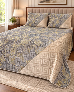 Pewter grey and champagne embroidered China velvet 3-piece bedspread set — Side-angle lifestyle