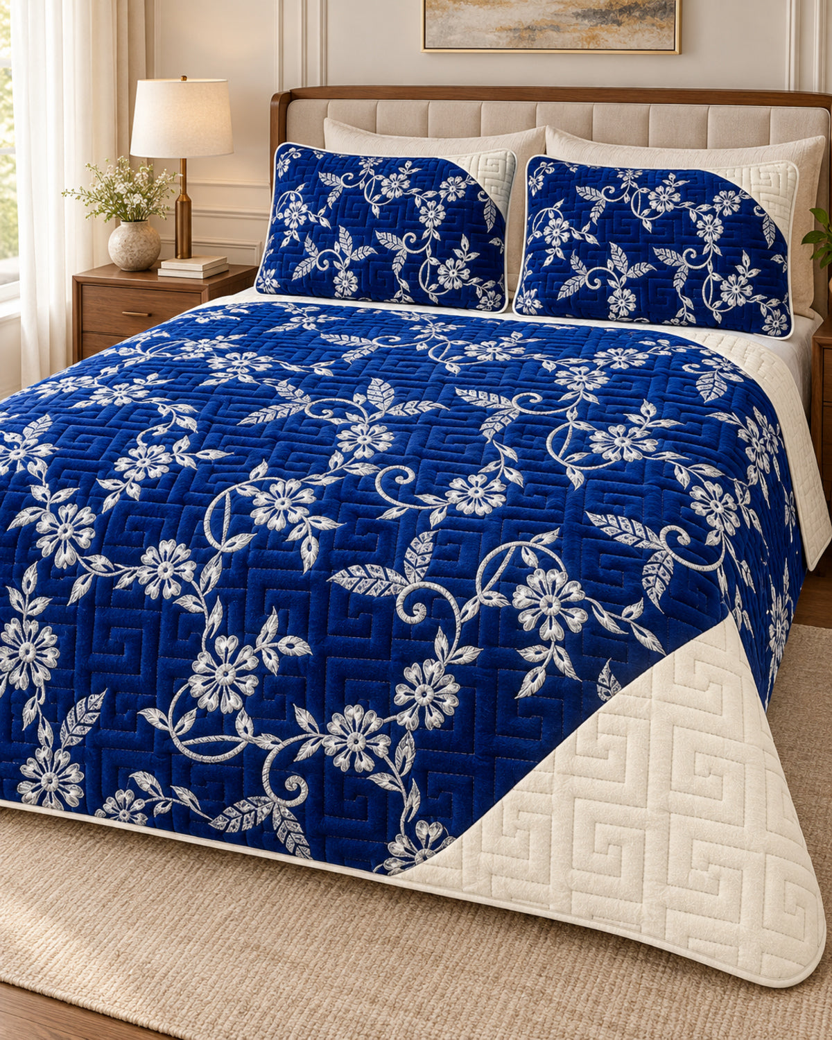 Royal blue and ivory embroidered China velvet 3-piece bedspread set — Lifestyle hero