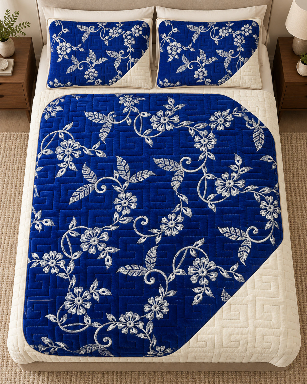 Royal blue and ivory embroidered China velvet 3-piece bedspread set — Overhead view