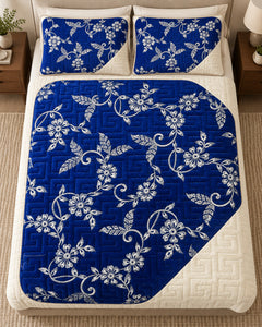 Royal blue and ivory embroidered China velvet 3-piece bedspread set — Overhead view