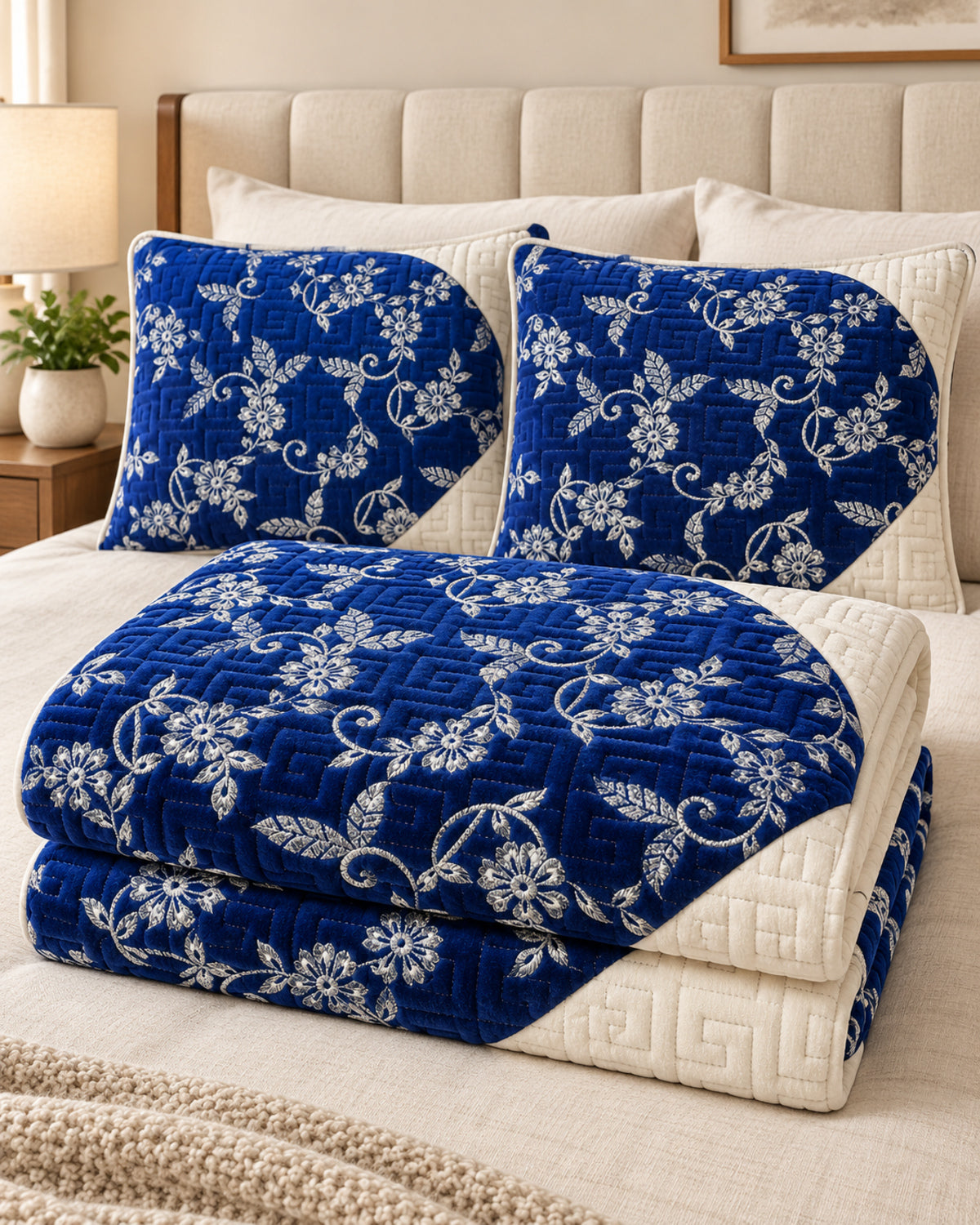 Royal blue and ivory embroidered China velvet 3-piece bedspread set — Folded set