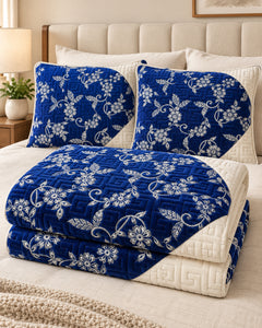 Royal blue and ivory embroidered China velvet 3-piece bedspread set — Folded set