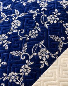 Royal blue and ivory embroidered China velvet 3-piece bedspread set — Fabric detail