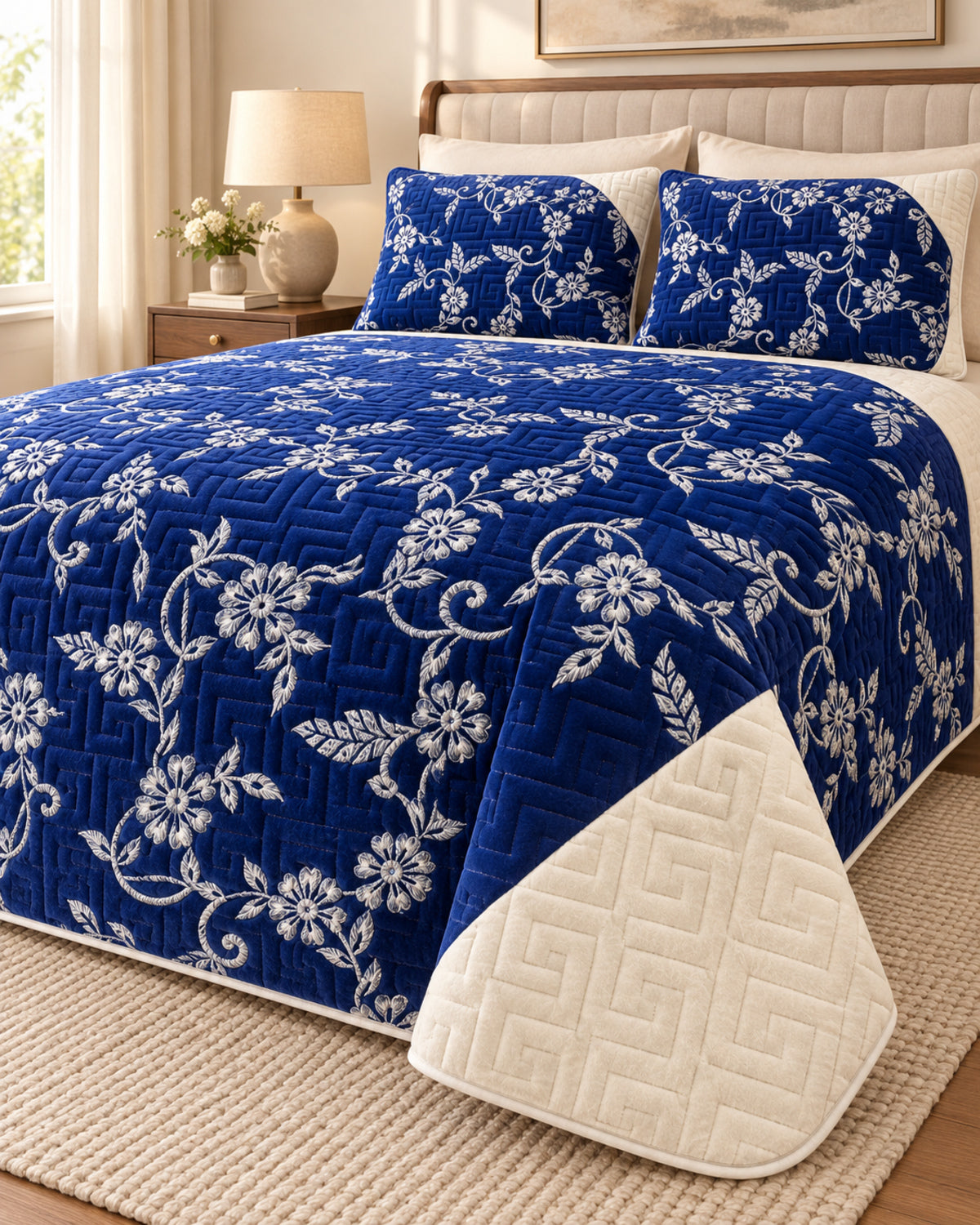 Royal blue and ivory embroidered China velvet 3-piece bedspread set — Side-angle lifestyle