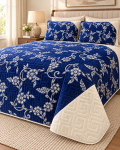 Royal blue and ivory embroidered China velvet 3-piece bedspread set — Side-angle lifestyle