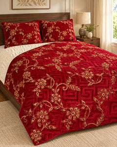 Ruby red and ivory embroidered China velvet 3-piece bedspread set — Lifestyle hero