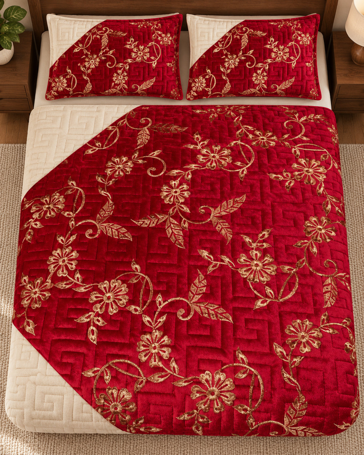 Ruby red and ivory embroidered China velvet 3-piece bedspread set — Overhead view