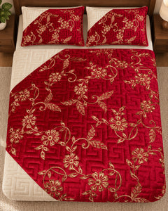 Ruby red and ivory embroidered China velvet 3-piece bedspread set — Overhead view