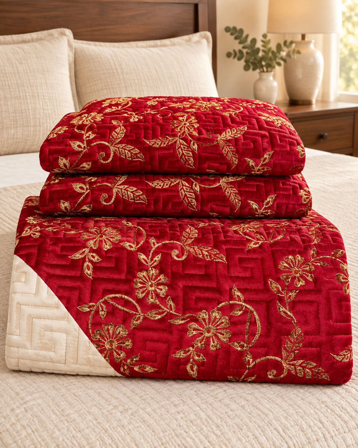 Ruby red and ivory embroidered China velvet 3-piece bedspread set — Folded set