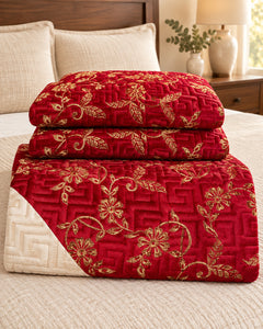 Ruby red and ivory embroidered China velvet 3-piece bedspread set — Folded set