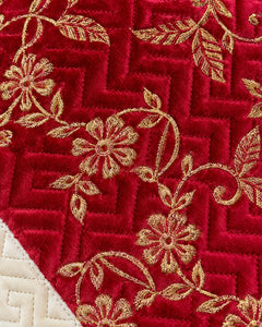 Ruby red and ivory embroidered China velvet 3-piece bedspread set — Fabric detail
