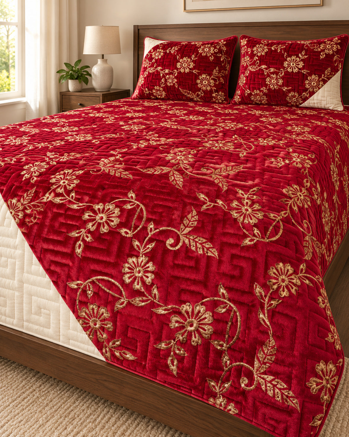 Ruby red and ivory embroidered China velvet 3-piece bedspread set — Side-angle lifestyle
