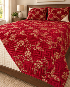 Ruby red and ivory embroidered China velvet 3-piece bedspread set — Side-angle lifestyle