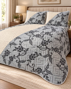 Silver grey and ivory embroidered China velvet 3-piece bedspread set — Lifestyle hero