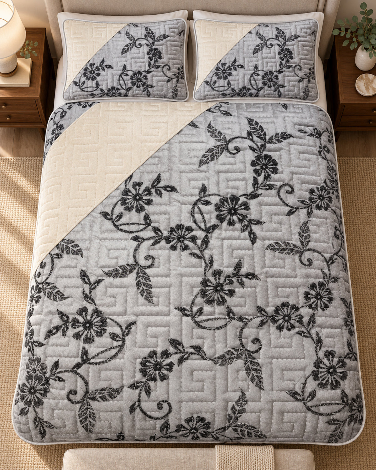 Silver grey and ivory embroidered China velvet 3-piece bedspread set — Overhead view