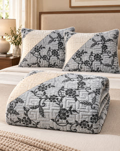 Silver grey and ivory embroidered China velvet 3-piece bedspread set — Folded set