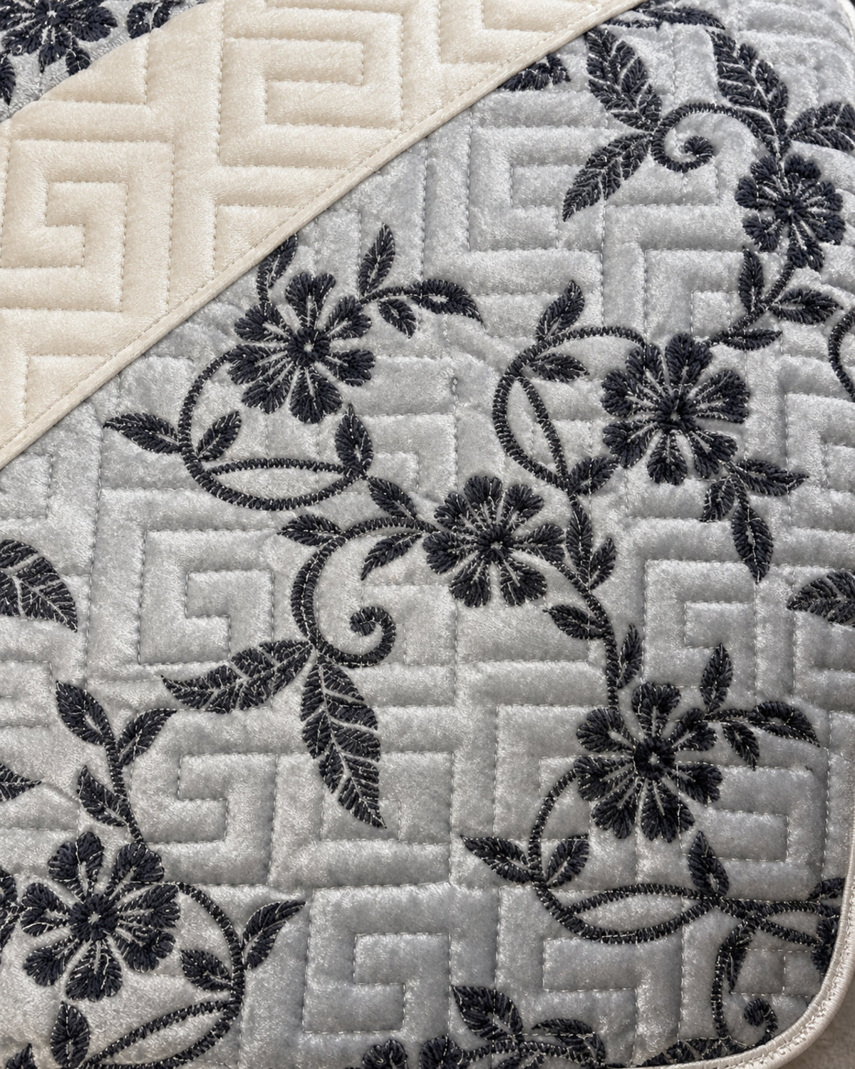 Silver grey and ivory embroidered China velvet 3-piece bedspread set — Fabric detail