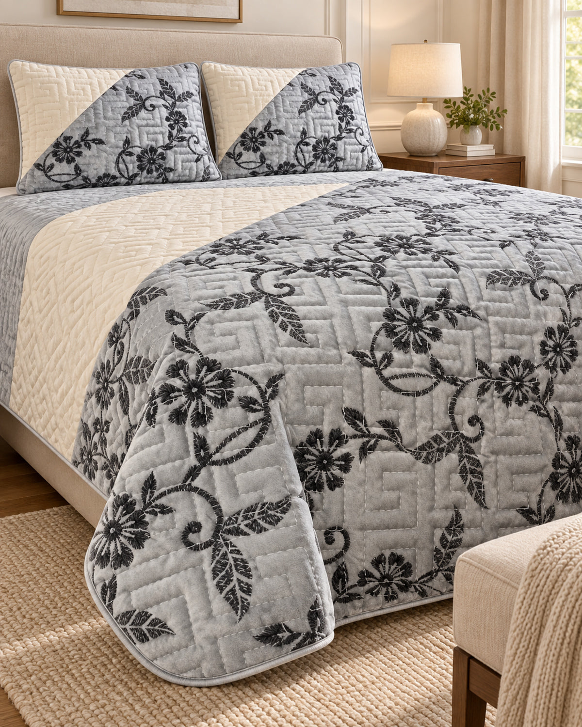 Silver grey and ivory embroidered China velvet 3-piece bedspread set — Side-angle lifestyle
