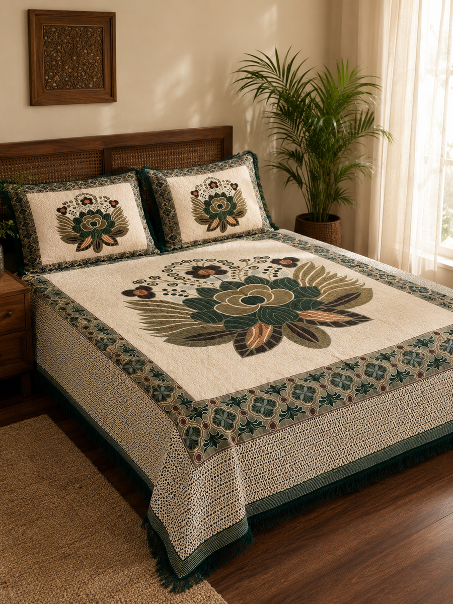 Ivory Emerald Floral Morafomey 4-Side Border Bedding Set – 4 Piece – hero product view