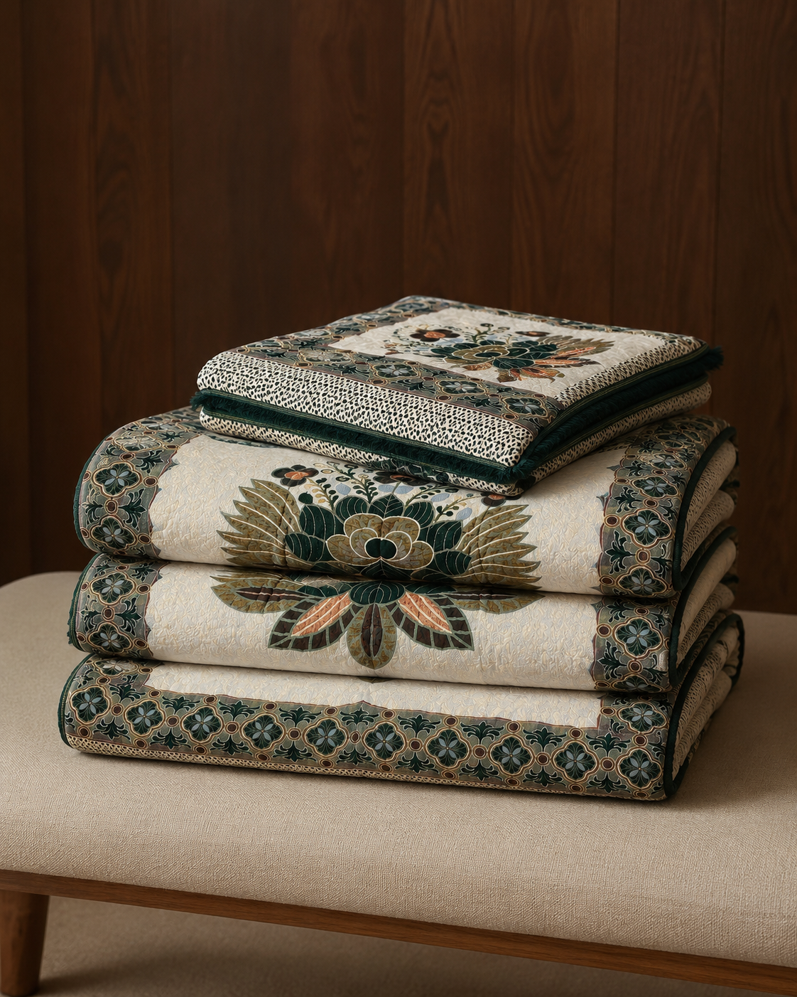 Ivory Emerald Floral Morafomey 4-Side Border Bedding Set – 4 Piece – folded product view