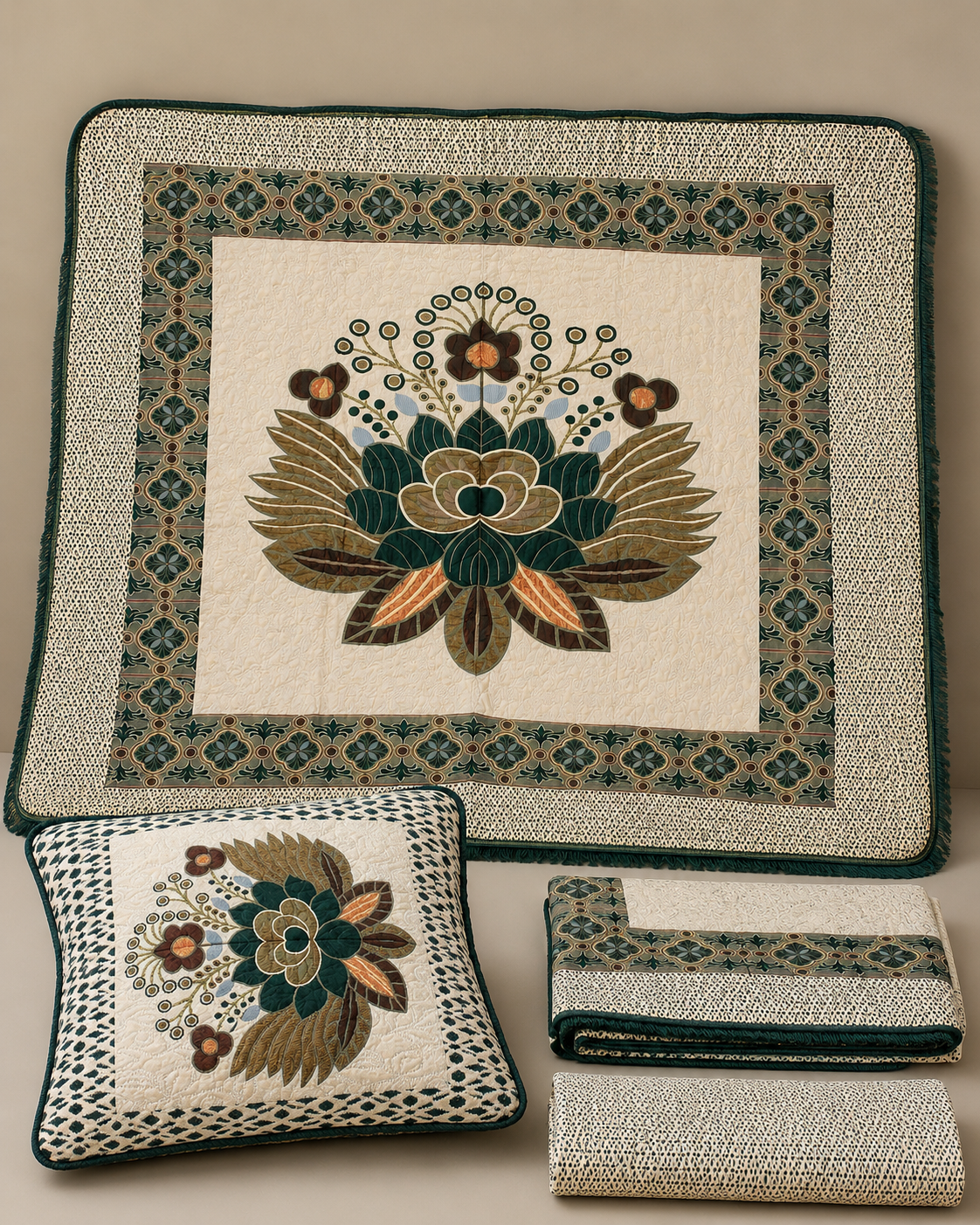 Ivory Emerald Floral Morafomey 4-Side Border Bedding Set – 4 Piece – detail product view