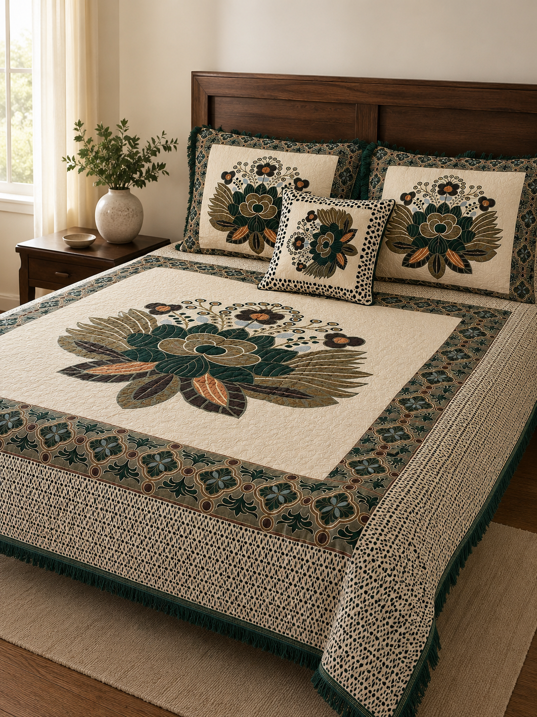 Ivory Emerald Floral Morafomey 4-Side Border Bedding Set – 4 Piece – side product view