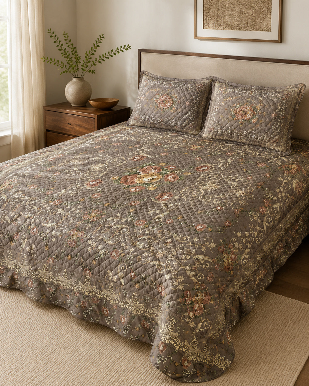 Antique Taupe Floral Medallion Printed Silk 3 Piece bedding set styled on a bed