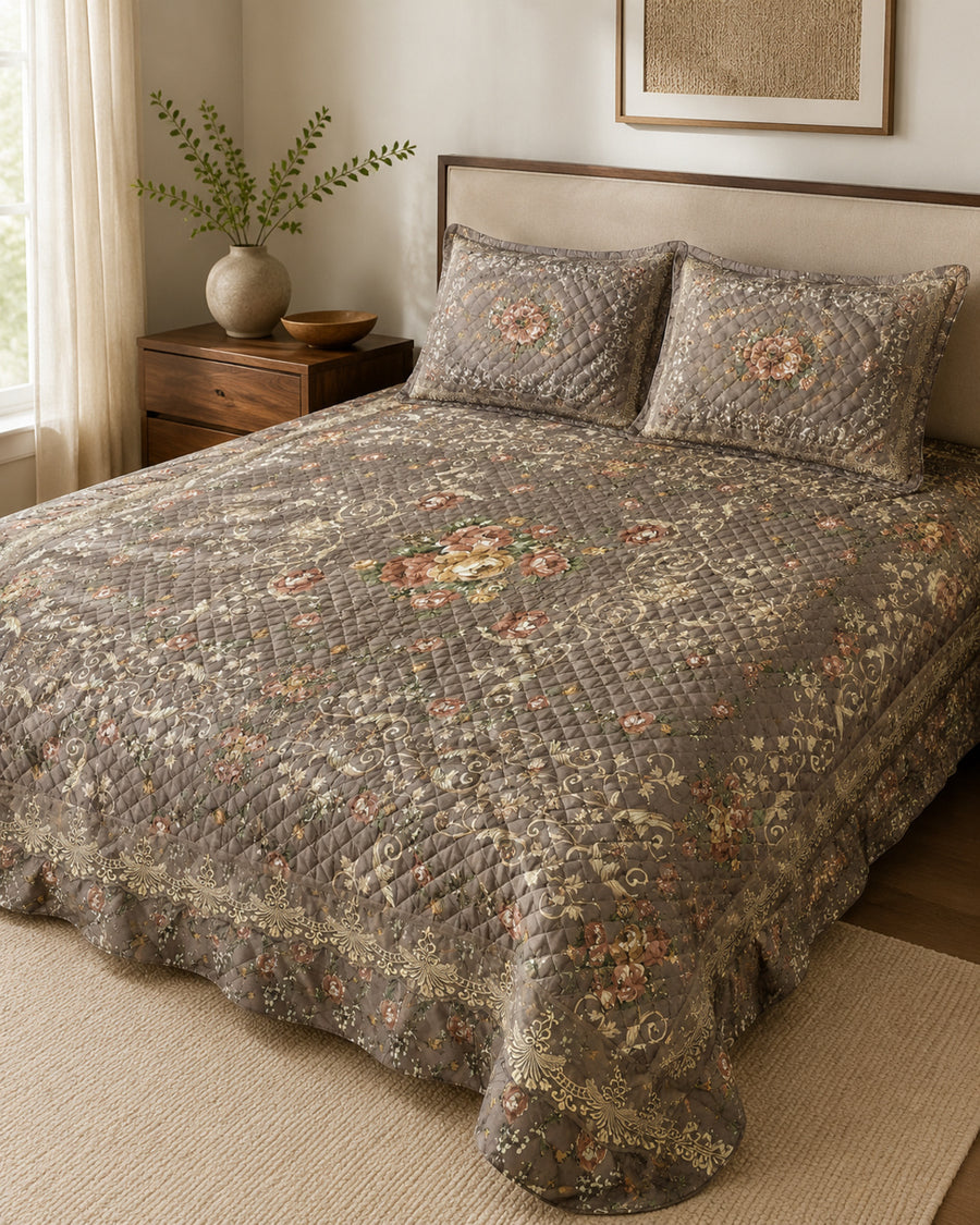 Antique Taupe Floral Medallion Printed Silk 3 Piece bedding set styled on a bed
